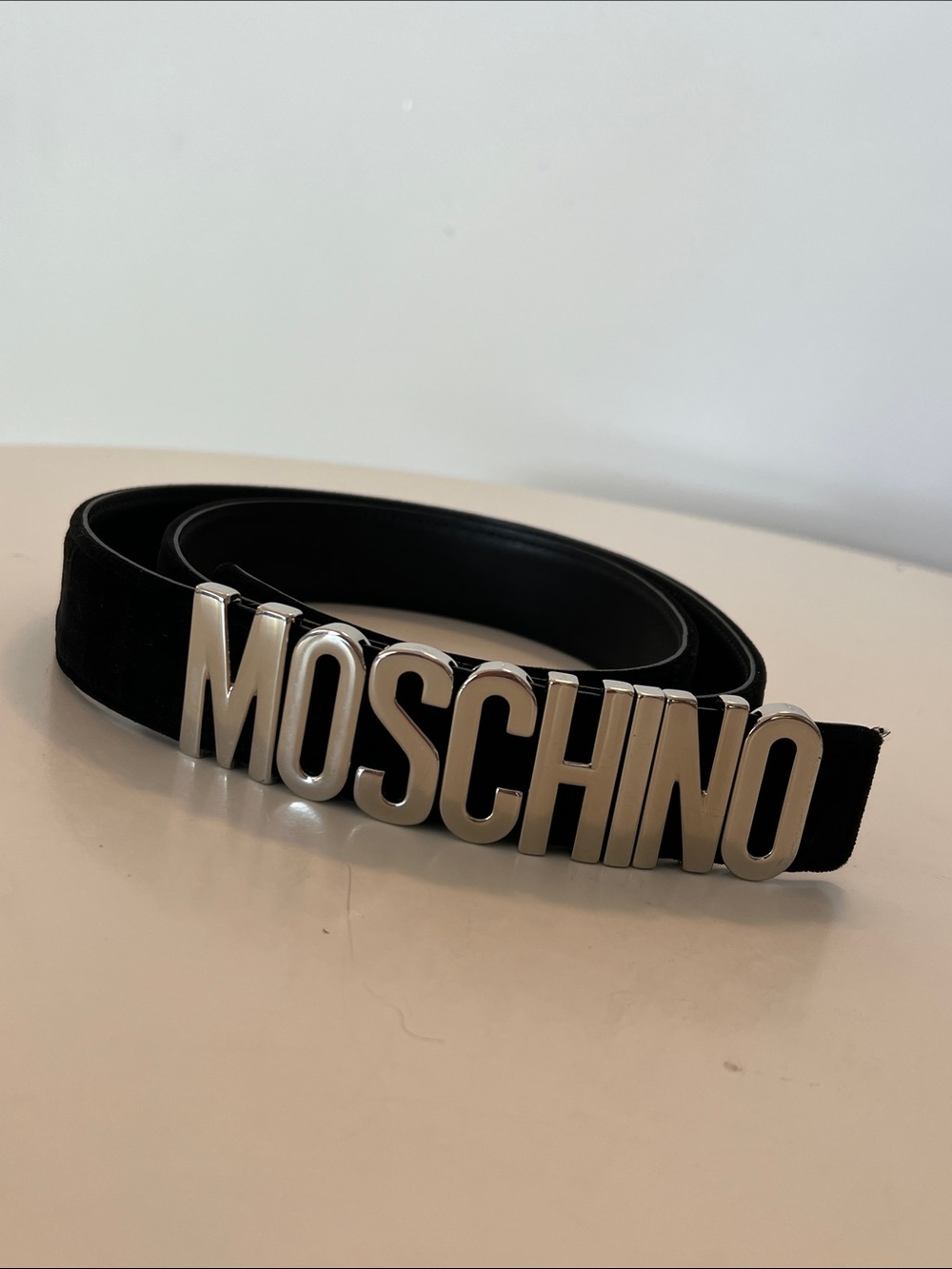 Moschino Black Belt with Silver Logo Hardware
